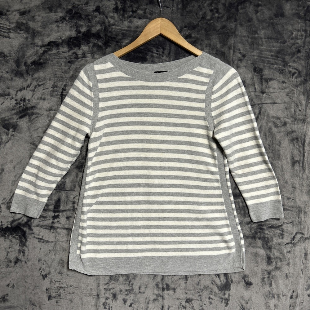 Talbots Sweater‎ Top Women's Small Gray White Striped 3/4 Sleeve Casual